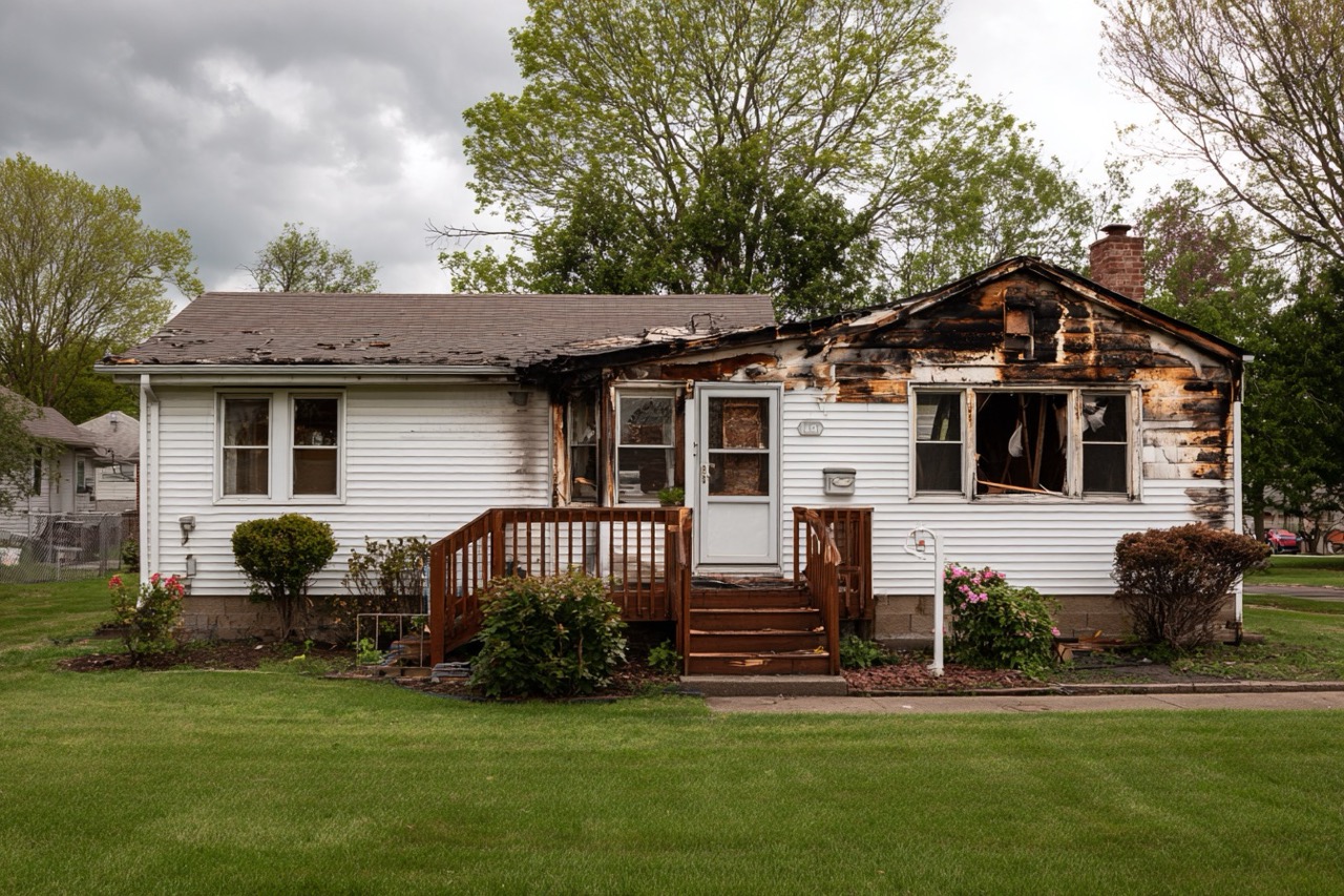 Fire damaged single family home in Wisconsin with visible exterior damage