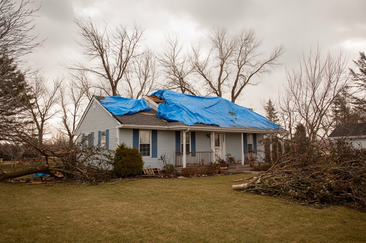 Wisconsin house with temporary roof tarp after storm damage