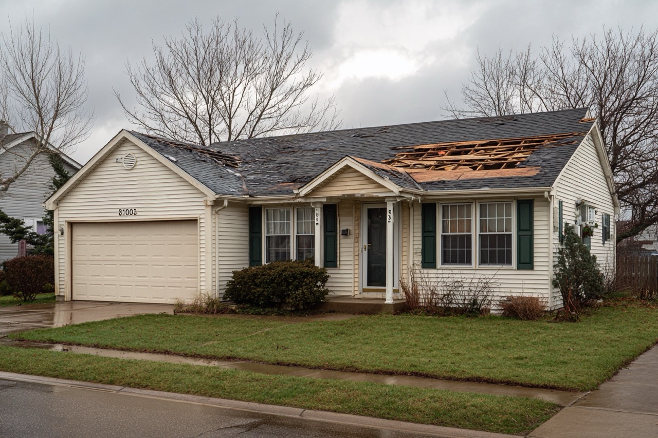 Storm damaged house exterior in Wisconsin showing roof and siding damage