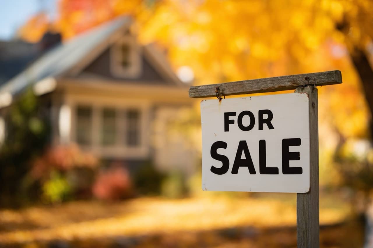 For sale sign at Wisconsin rental property in autumn